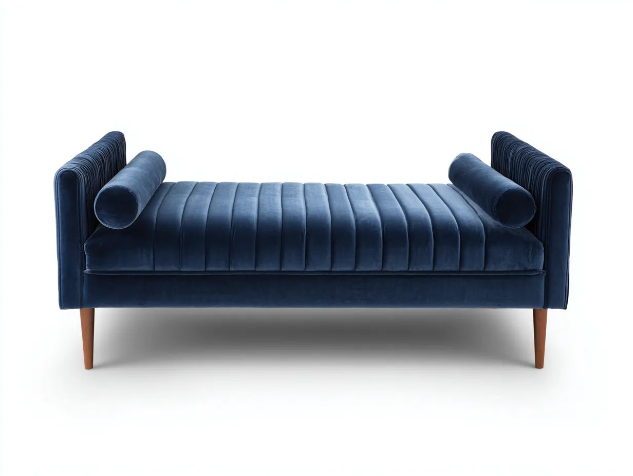 Banco tapizado de terciopelo 198x76x74 cm - azul marino y marrón - para dormitorio con asiento acanalado