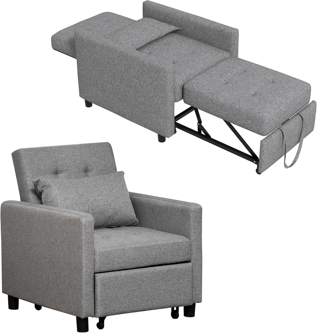 HOMCOM sofá cama individual 3 en 1 - Tapizado en algodón y poliéster gris - Respaldo ajustable en 3 niveles con almohada - Madera de eucalipto 69 x 82,5 x 84 cm