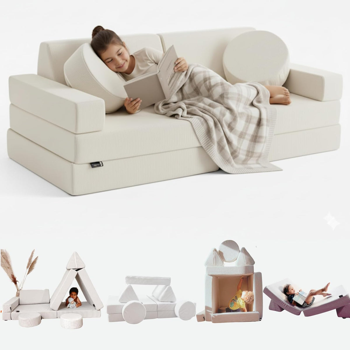 Sofá infantil modular 2 plazas - Diseño plegable convertible en cama y colchón de suelo - Para zona de juego y descanso - Blanco crema 140 x 70 x 50 cm sin montaje