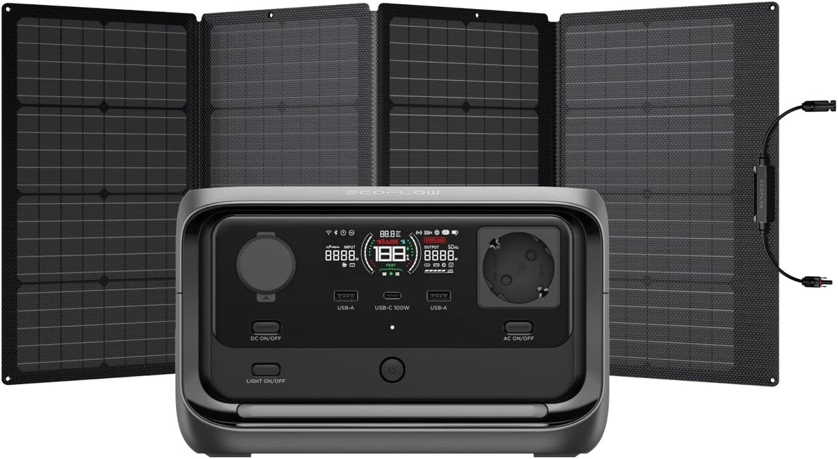 EcoFlow RIVER 3 Plus con panel solar 160 W - Batería LFP de 286 Wh y salida de 1200 W - Siete puertos disponibles - Hasta 16 h con aparatos de 100 W para exteriores