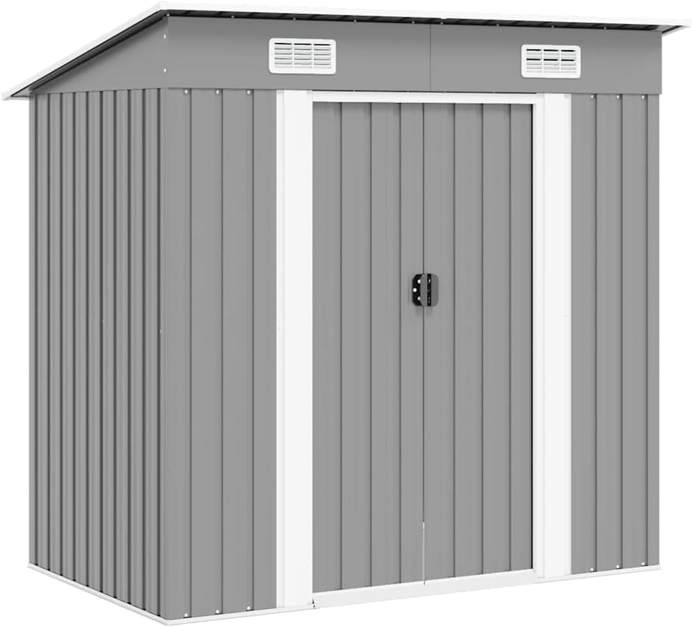 vidaXL caseta de jardín acero galvanizado 190 x 124 x 181 cm - Cobertizo exterior gris para herramientas - Diseño contemporáneo compacto - Almacenamiento de jardín