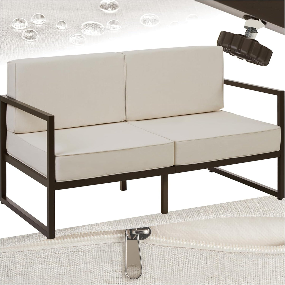 TecTake sofá de jardín de acero para 2 plazas - Sillón exterior con acolchado grueso - Pies ajustables y fundas repelentes al agua - Para terraza y jardín