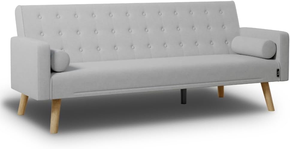 Nalui One Dots sofá cama 3 plazas - Apertura clic clac y varios grados de reclinación - 2 cojines y patas de madera - Gris claro 203 x 78 x 82 cm hasta 300 kg