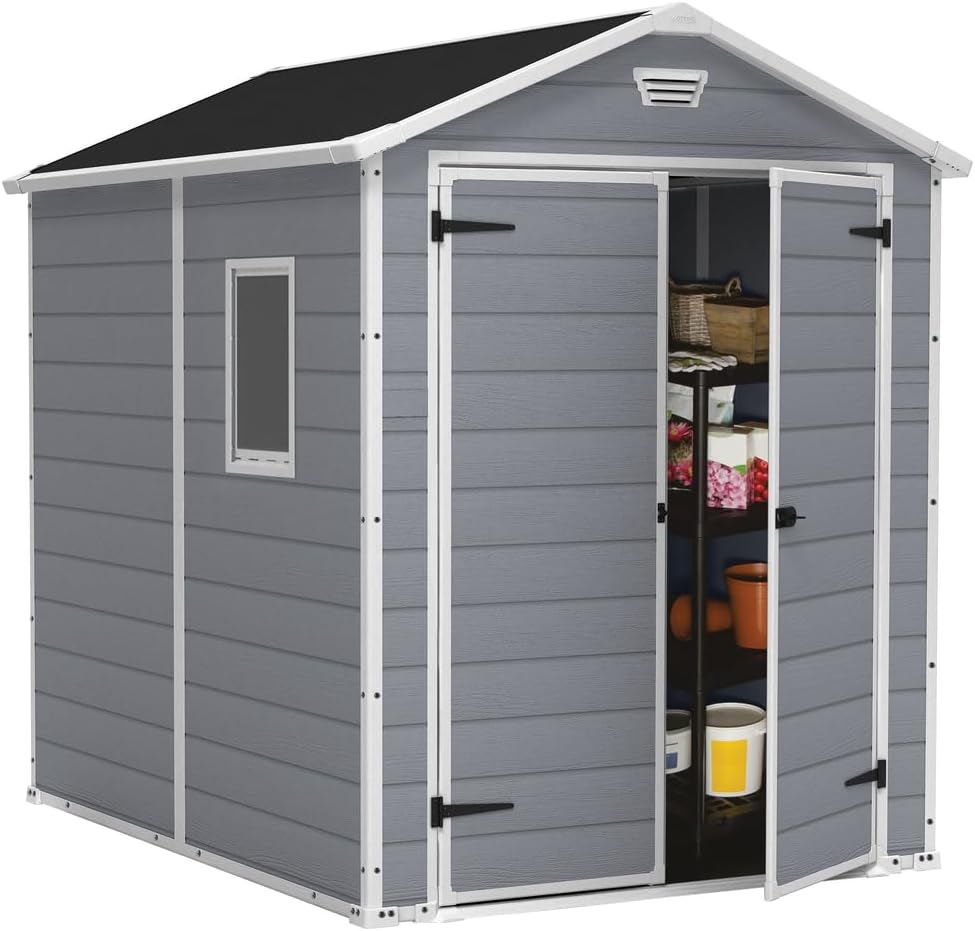 Keter 17197129 caseta de jardín 6 x 8 pies - Polipropileno gris para almacenamiento exterior - Estructura con marco metálico - Diseño resistente al agua