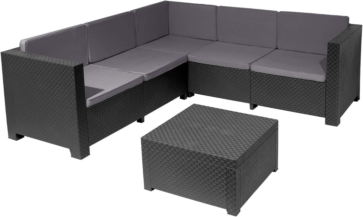 SP Berner Oasis Conjunto de jardín 3 piezas - Sofás de 3 y 2 plazas con mesa de centro y almacenaje - Plástico reciclado fabricado en España - Grafito para terraza y exterior