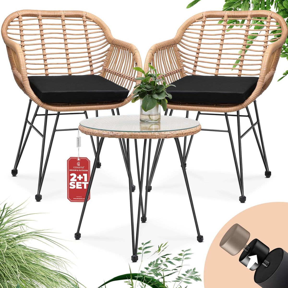 CASARIA Bali conjunto de balcón 3 piezas - 2 sillas con cojines lavables - Mesa con tablero de vidrio - Muebles de terraza beige
