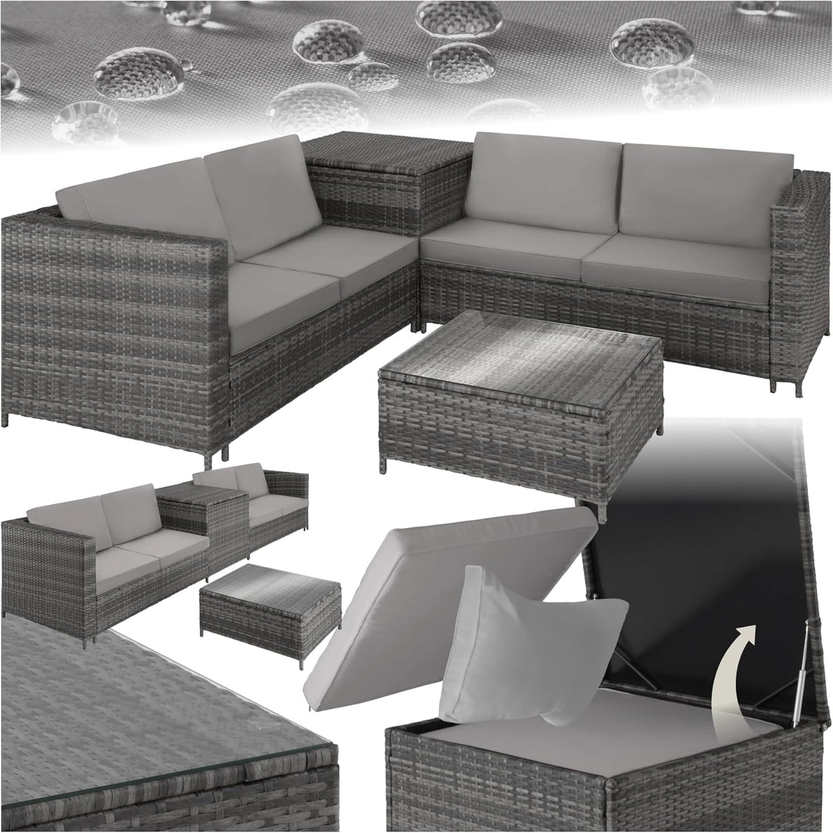 TecTake Conjunto de jardín de ratán - 2 sofás mesa y caja de almacenamiento con estructura de acero - Cojines de 8 cm para terraza y exterior - Gris y gris claro con diseño combinable