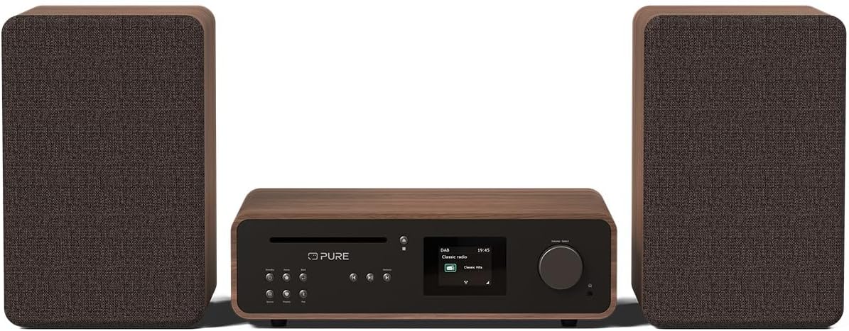 Pure sistema HiFi estéreo clásico 100 W - Radio Internet DAB FM CD USB y Bluetooth 5.2 - Spotify Connect AUX y entrada óptica - Acabado Coffee Black Walnut con WiFi