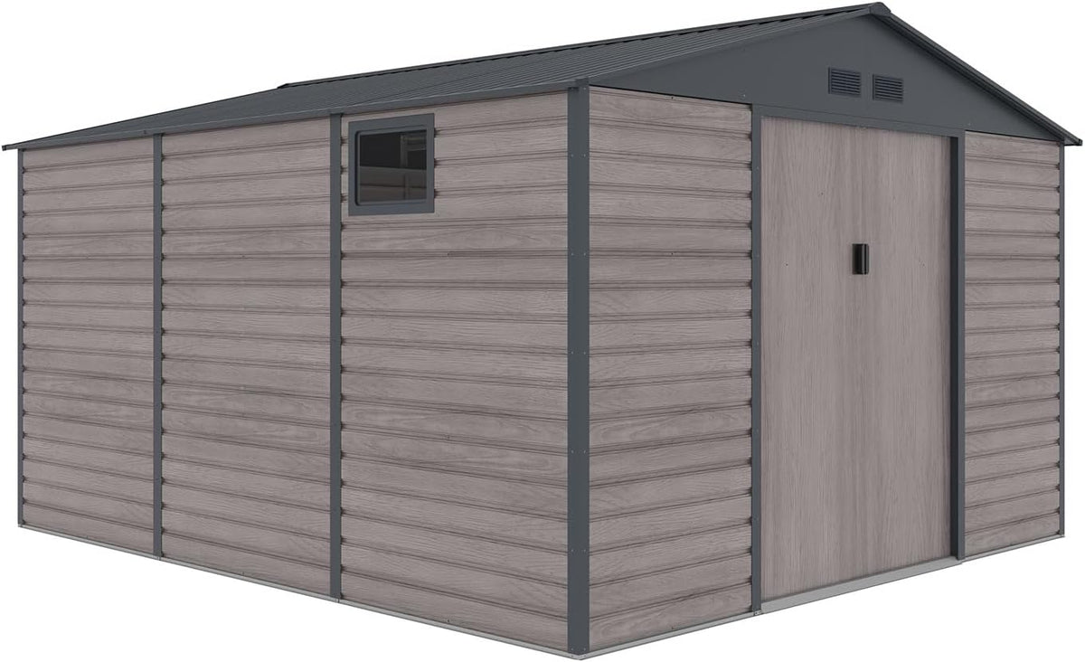 Gardiun Surrey Caseta Metálica de Jardín 13 m2 Exterior 340 x 382 x 226 cm - Cobertizo de Acero con Ventana Lateral - Efecto Madera Veteada