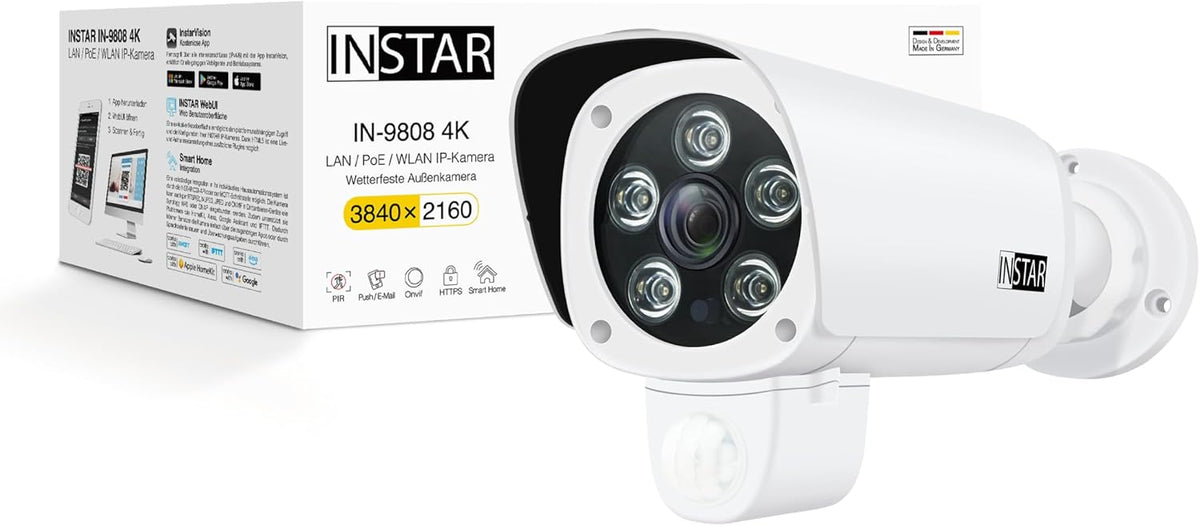 Cámara exterior INSTAR IN 9808 4K - conexión WiFi LAN y PoE - detección de personas AI y visión nocturna IR - HomeKit audio PIR ONVIF RTSP y WPA3
