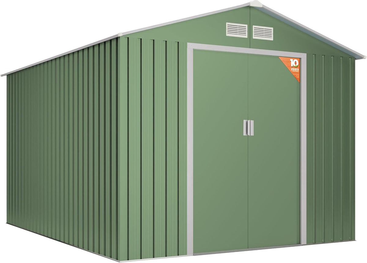 Wasabi Caseta metálica de jardín 8,08 m2 - 313 x 258 x 202 cm Light Green - Doble puerta corredera y rejillas de ventilación - Techo a dos aguas para almacenaje