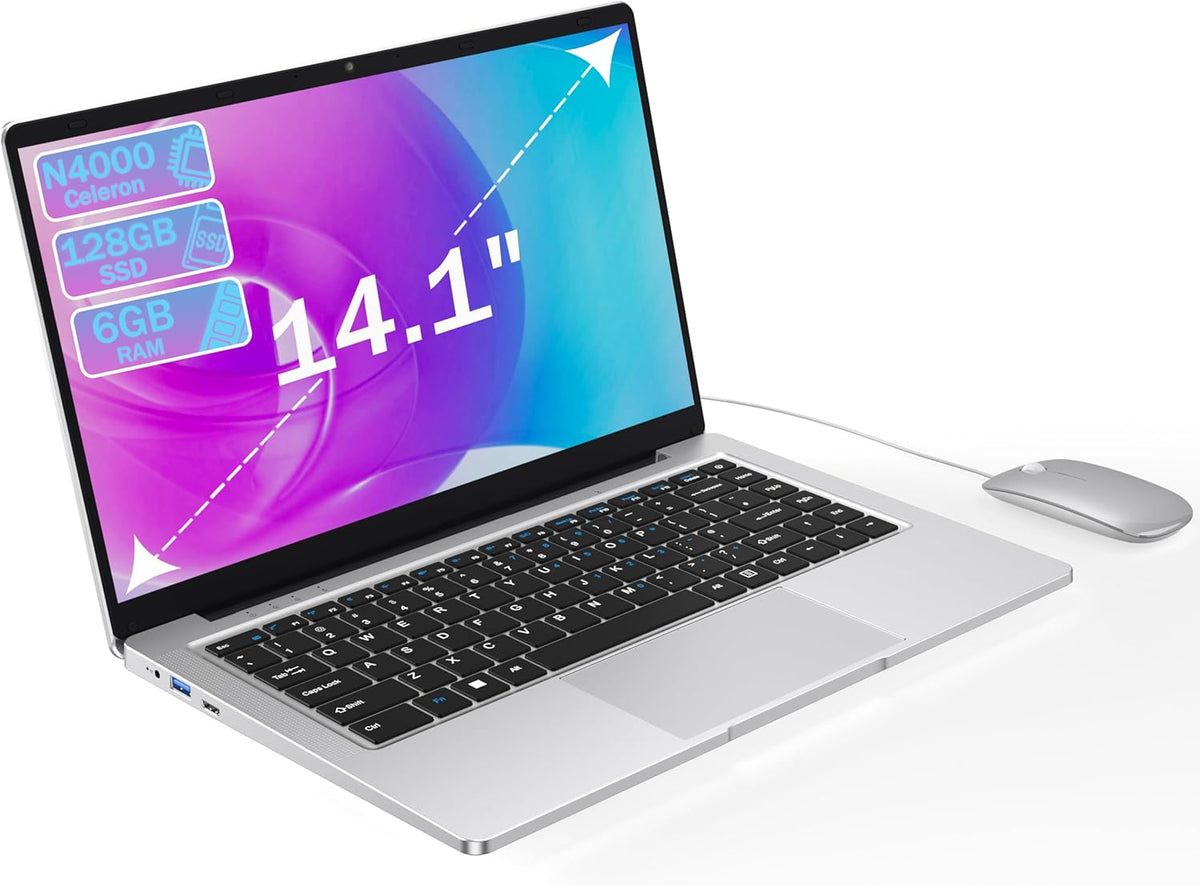 Ordenador portátil de 14 pulgadas - Celeron Dual Core y 6 GB RAM - SSD 128 GB con pantalla 1366 x 768 - Diseño sin ventilador WiFi 5G y ratón