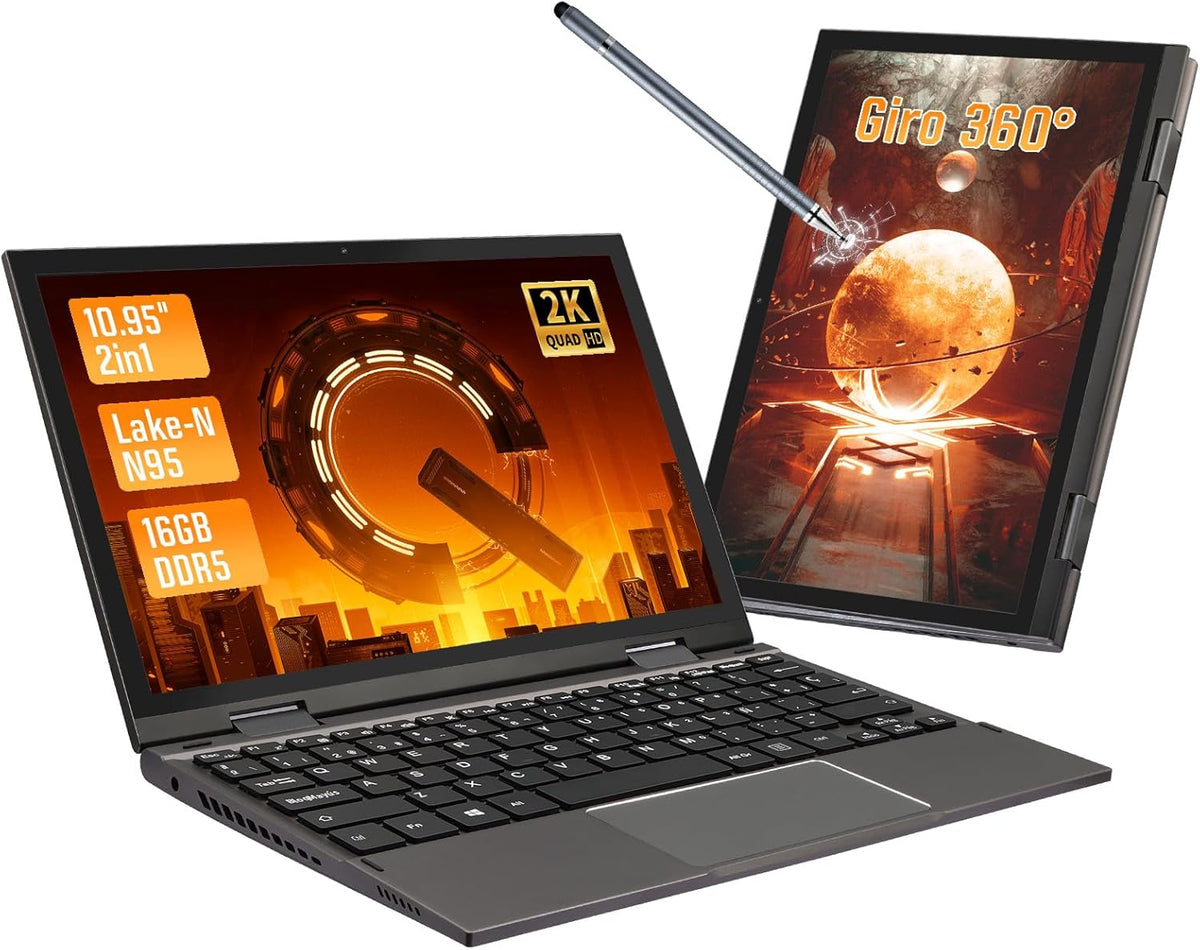 Mini portátil convertible 10,95 pulgadas - Celeron N95 hasta 3,4 GHz con 16 GB DDR5 - Pantalla táctil 2000 x 1200 y SSD de 256 GB - WiFi Bluetooth 5.0 HDMI y USB gris