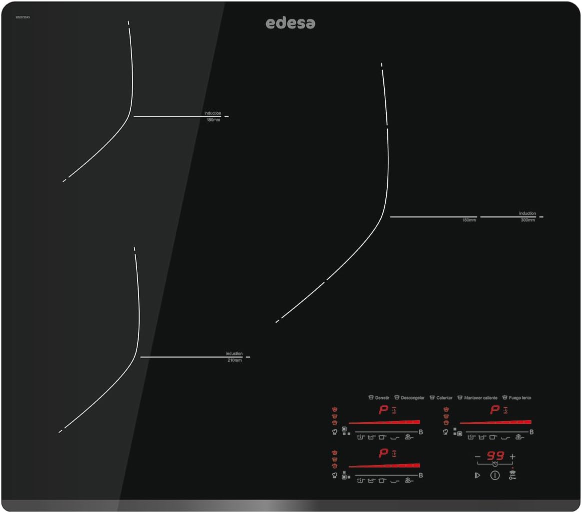 Edesa EIMS 6330 B placa de inducción - Tres zonas con potencia de 2700 W - Multi Slider Touch y nueve niveles - Booster temporizador y biselado frontal