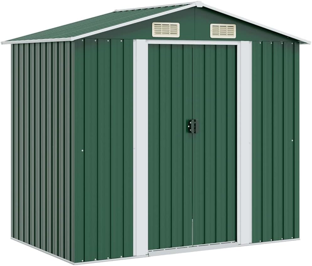 vidaXL caseta de jardín metálica 204 x 132 x 186 cm - Cobertizo exterior de acero verde - Base de acero galvanizado - Almacenaje resistente al agua