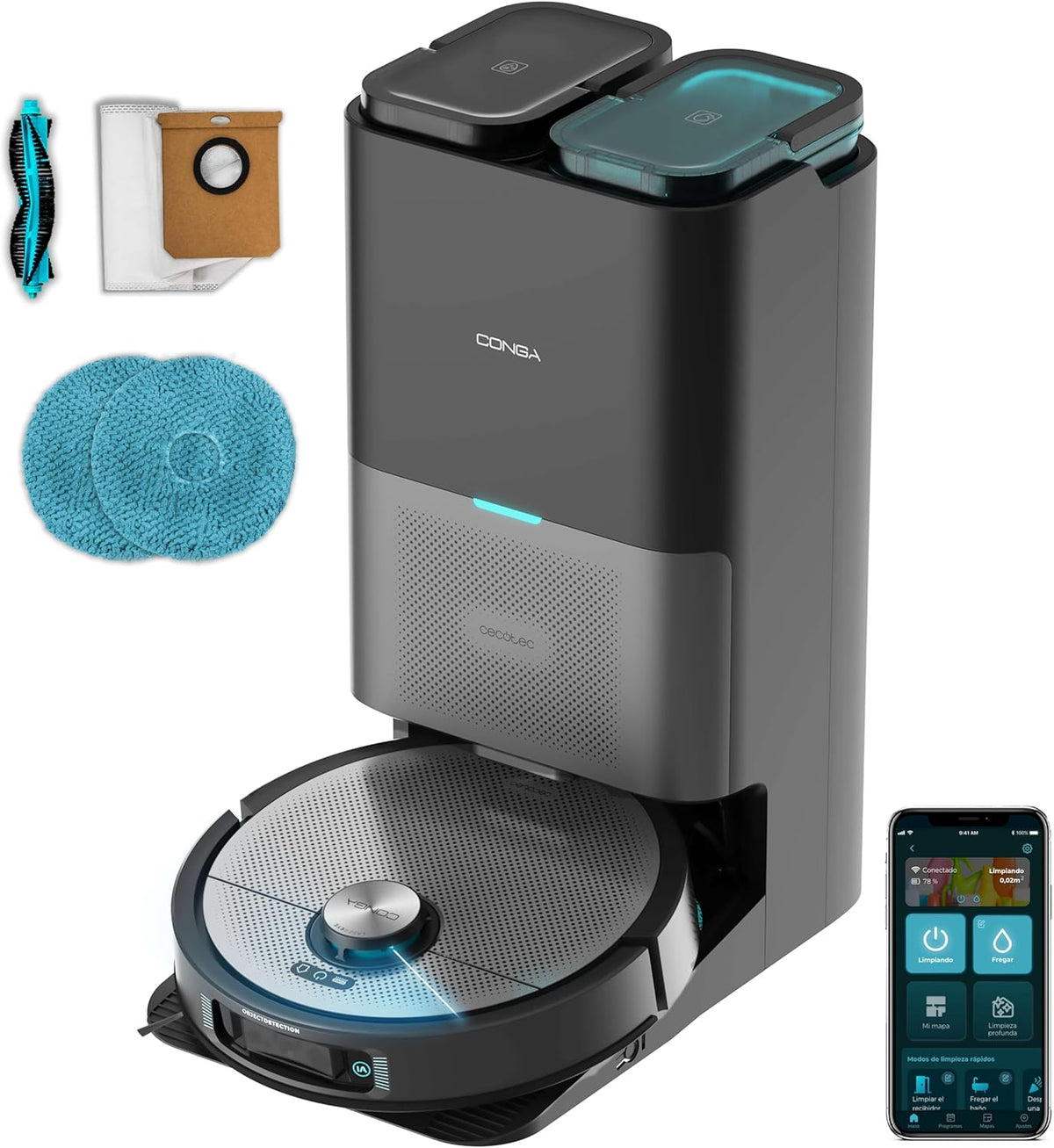 Cecotec Conga 20090 ProAI InfinitySoap Cut SPA Robot aspirador - Succión 8000 Pa y láser - IA con detección de objetos y Hair Cutting - Base autovaciado y dosificador jabón