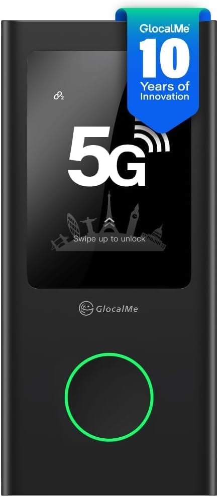Router WiFi portátil GlocalMe Numen Air - conexión 5G para viajes en más de 90 países - pantalla táctil y batería de 5400 mAh - conecta hasta 16 dispositivos sin SIM