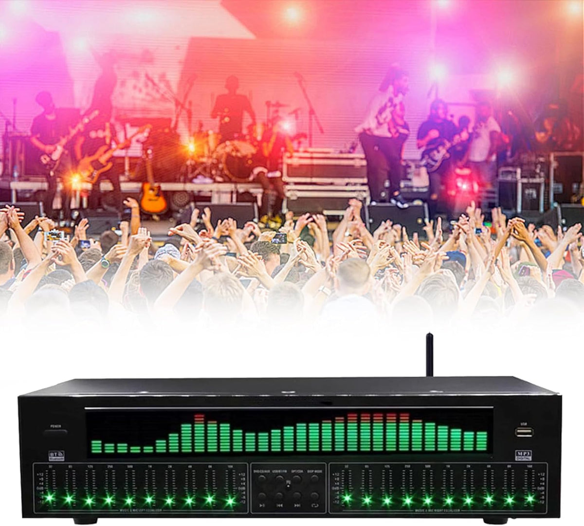 Ecualizador digital estéreo de 31 bandas - Pantalla LED con analizador de espectro - Decodificación óptica coaxial y 12 patrones rítmicos - Multicolor para sistemas de audio