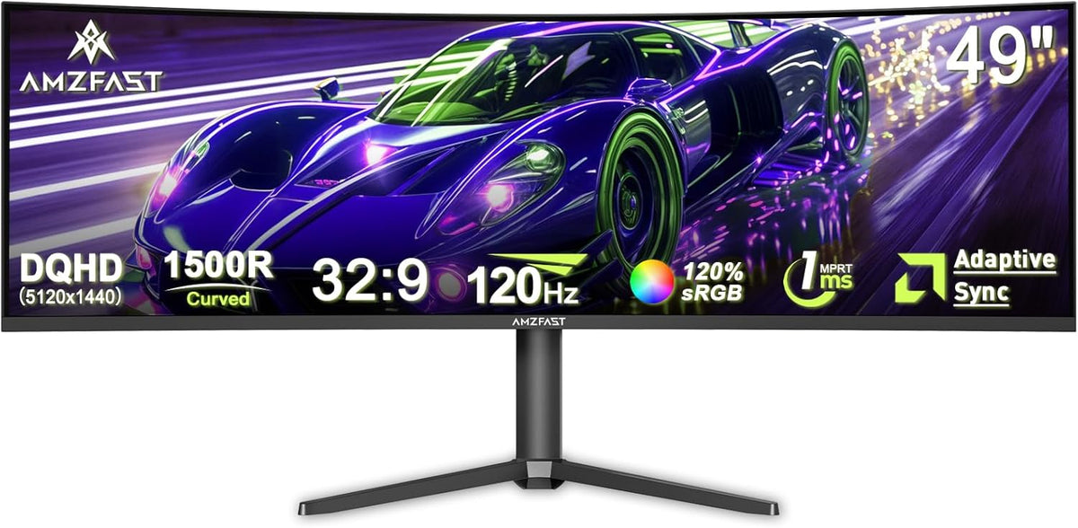 Amzfast AMZG49C7U monitor gaming curvo - Pantalla DQHD de 49 pulgadas y 120 Hz - Formato 32 a 9 con respuesta de 1 ms y Adaptive Sync - HDMI DisplayPort PiP PBP y VESA