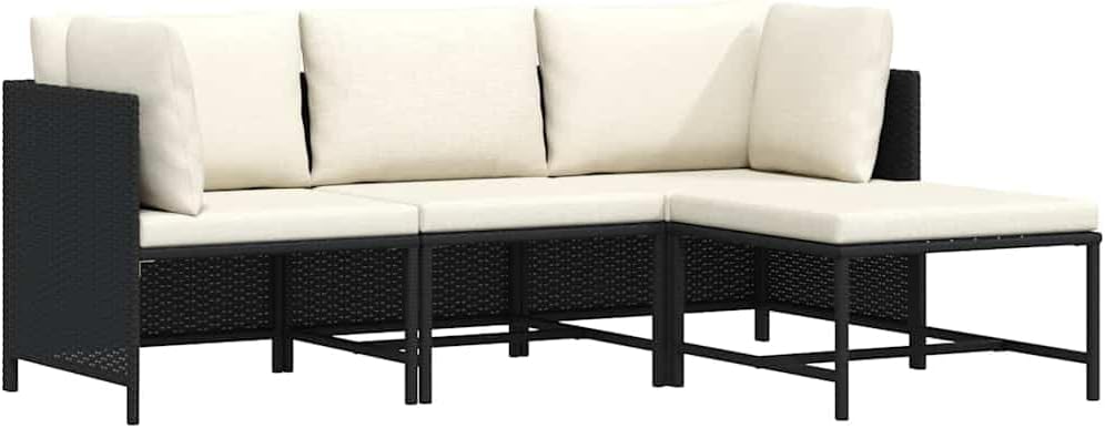 vidaXL Conjunto de sofás de jardín 4 piezas - Ratán sintético con cojines módulos de esquina y reposapiés - Diseño modular para terraza - Negro para salón exterior
