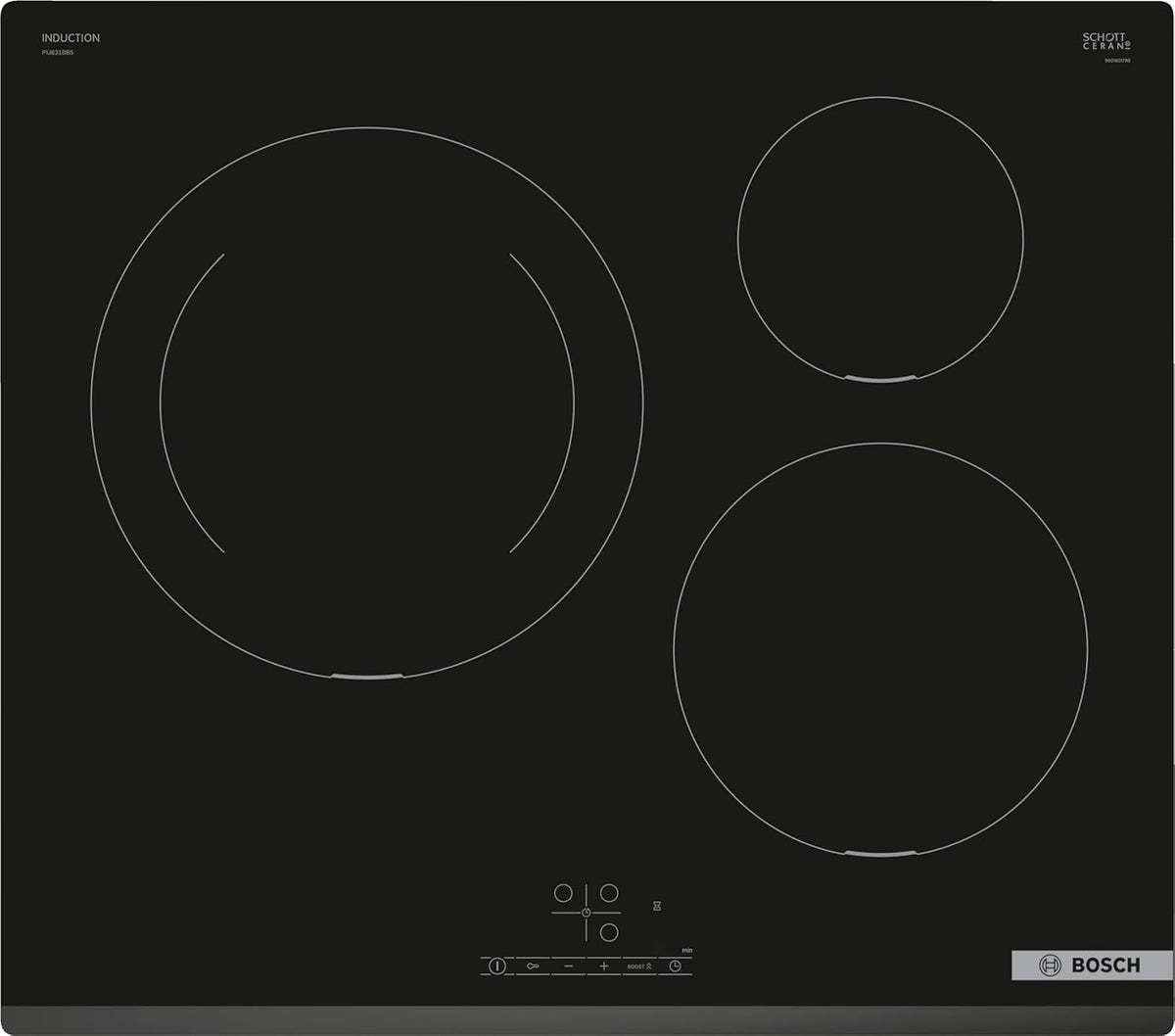 Placa de inducción Bosch PIJ631BB5E Serie 4 - ancho de 60 cm con 3 zonas - TouchSelect y 17 niveles de potencia - diseño negro sin perfiles e inicio automático