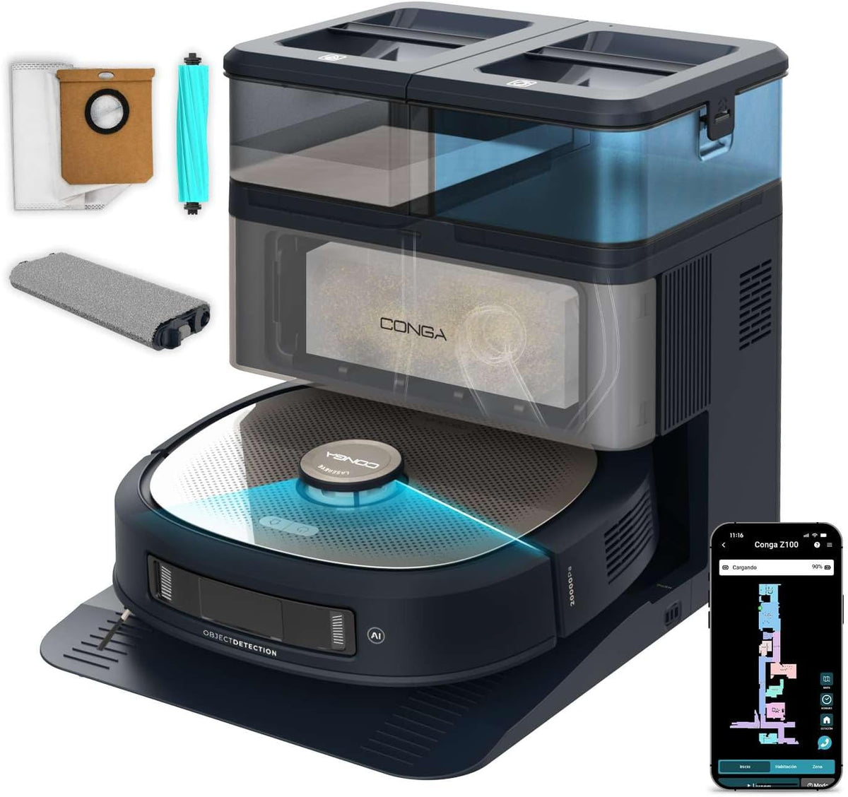 Cecotec Conga Z100 - Robot aspirador y friegasuelos 20000 Pa con IA - Navegación láser y mopa bimaterial XXL - Base de autovaciado y limpieza