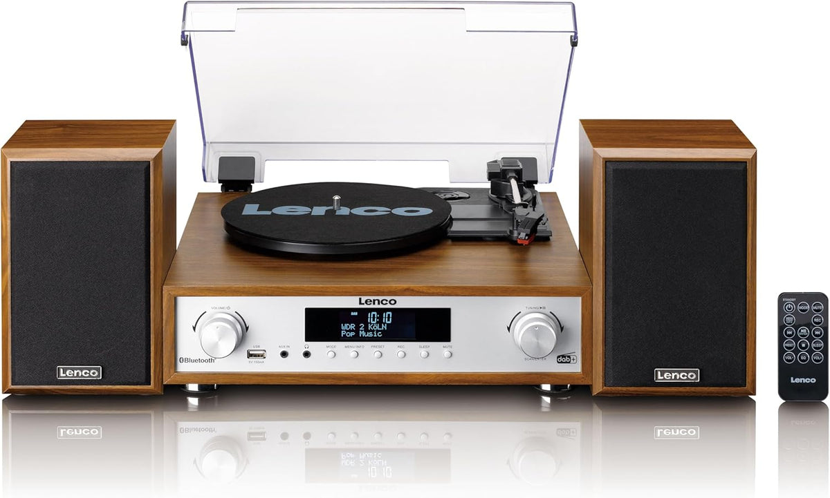 Lenco MC-160WD Equipo de música con tocadiscos - Radio DAB FM y Bluetooth 5.0 con 3 velocidades - Conversión de vinilo a MP3 por USB - Madera con altavoces 2 x 10 W y mando a distancia