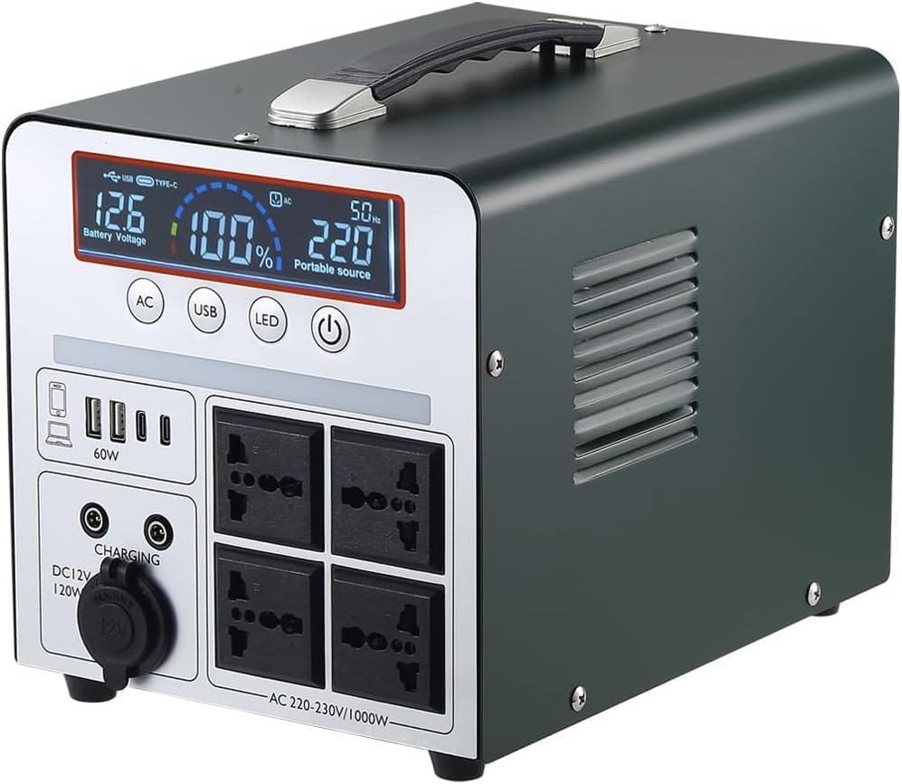 Estación de energía portátil 1000 W - Batería recargable de 666 Wh a 230 V - Cuatro salidas de CA para distintos dispositivos - Para camping caravanas drones y emergencias