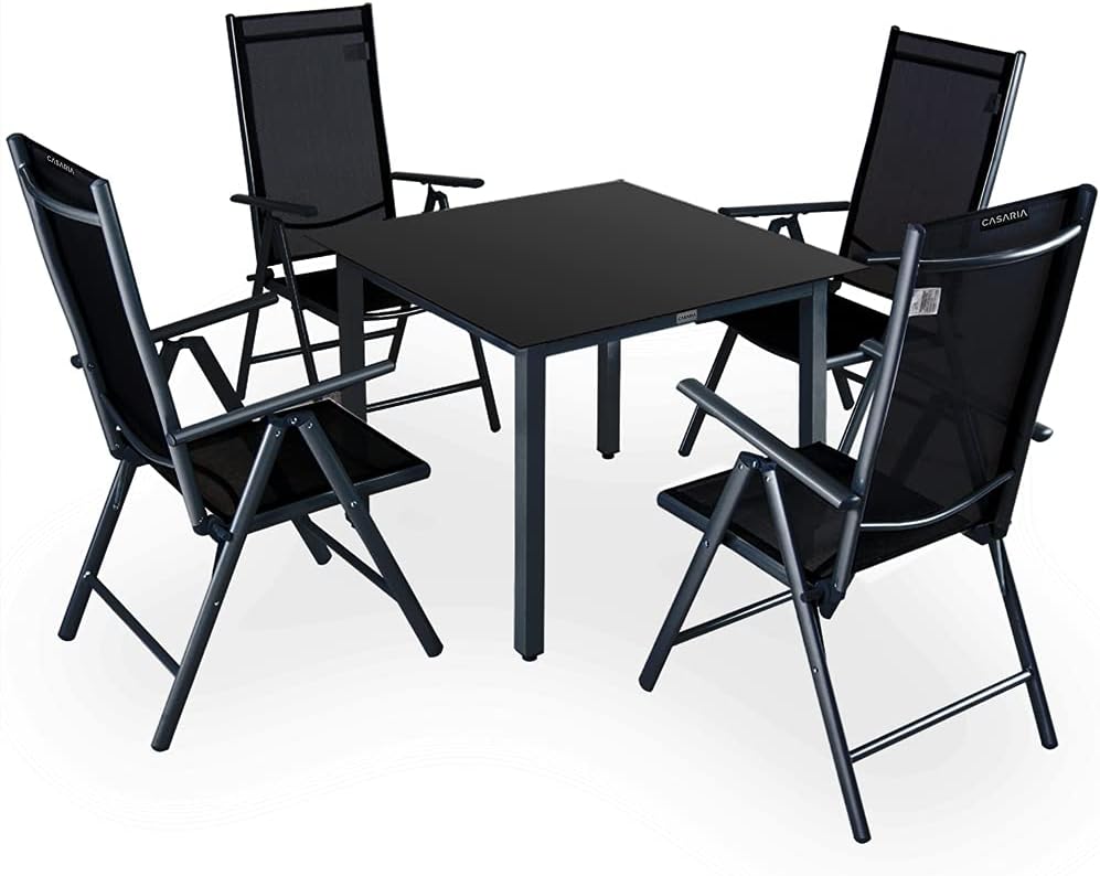 CASARIA Bern Comedor de jardín 5 piezas - Mesa de aluminio de 90 x 90 cm y 4 sillas plegables - Sillas ajustables en 8 posiciones - Negro antracita para terraza y exterior