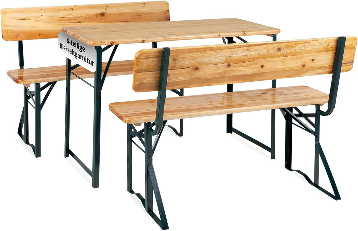 Stagecaptain BBDL-119 Hirschgarten Conjunto plegable - 2 mesas y 4 bancos de madera con respaldo de 119 cm - Para interior exterior balcón y carpa - Verde con diseño rectangular