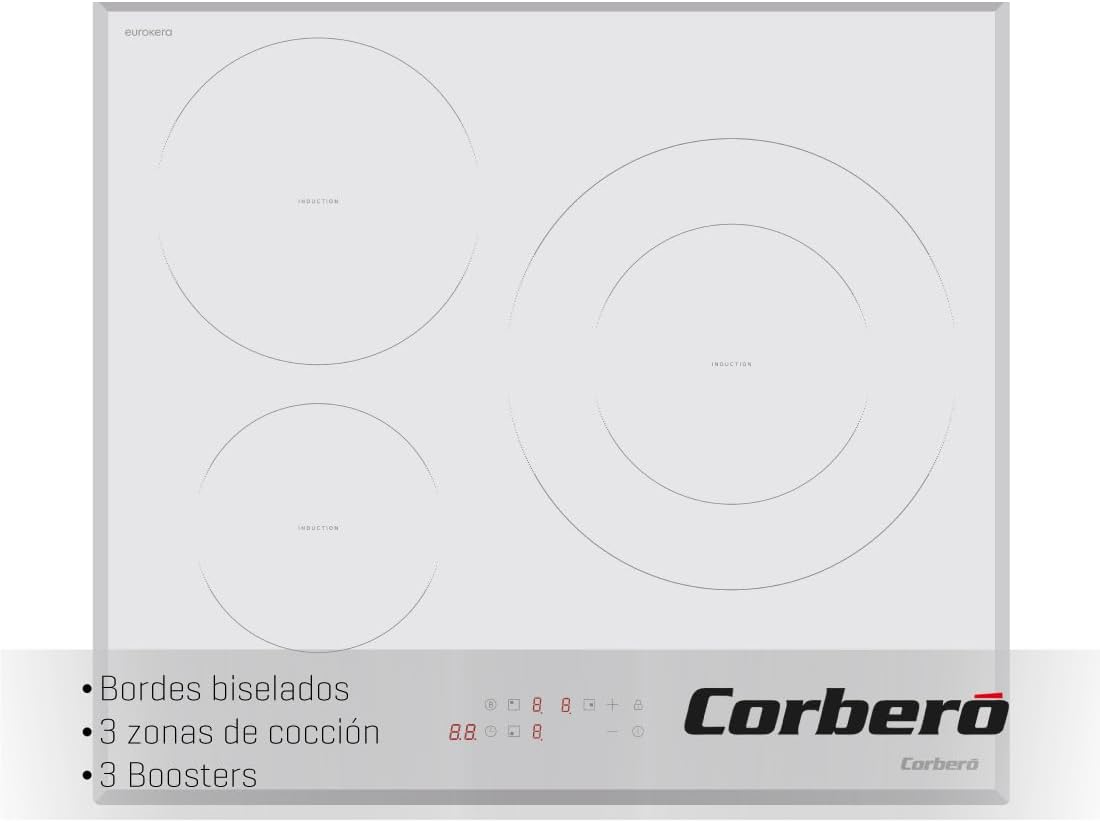 Corberó CCIM3720W placa de inducción - Tres zonas blancas con potencia de 7200 W - Tres funciones Booster y zona de 30 cm - Temporizador y bordes biselados