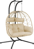 Silla colgante huevo XXL - Acero lacado y poliéster para 2 personas - Capacidad hasta 220 kg - Soporte y cojín beige para interior y exterior