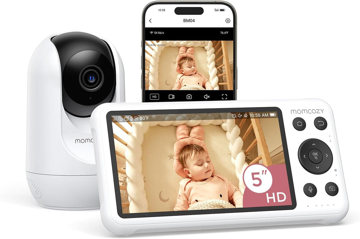 Vigilabebés Momcozy de 5 pulgadas - cámara HD y monitor WiFi - zoom de 4 aumentos con visión nocturna - detección de movimiento llanto y zona segura