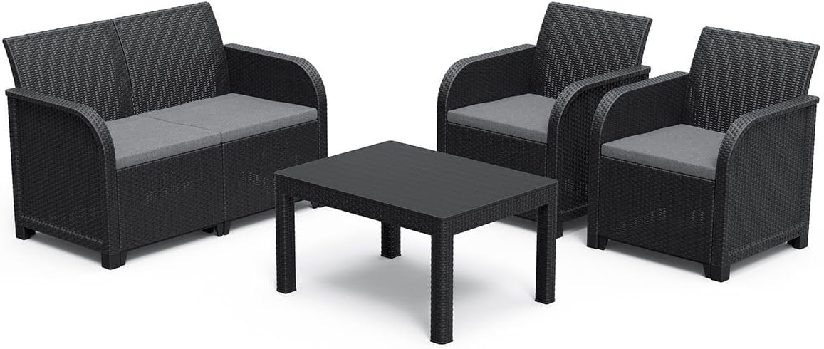 ALLIBERT by KETER SanRemo conjunto de jardín de resina 4 personas - Imitación de ratán trenzado - Muebles de exterior - Color gris grafito