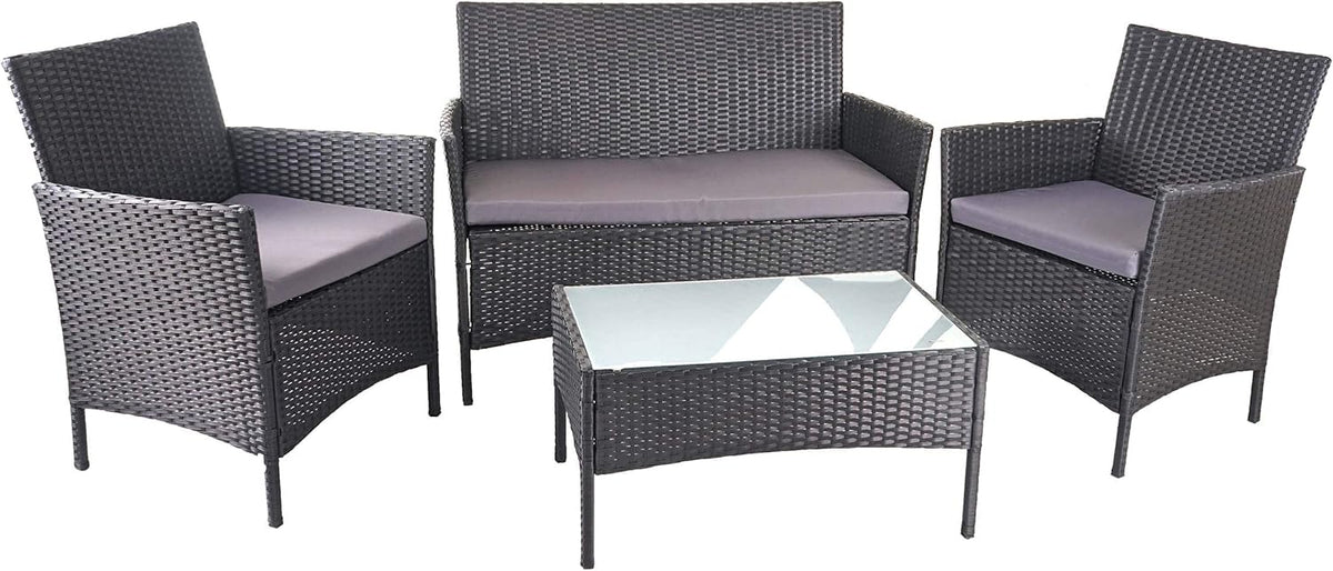 HWC-D82 conjunto de jardín de polirratán - Cojines antracita - Diseño de salón exterior rectangular - Muebles de terraza negro