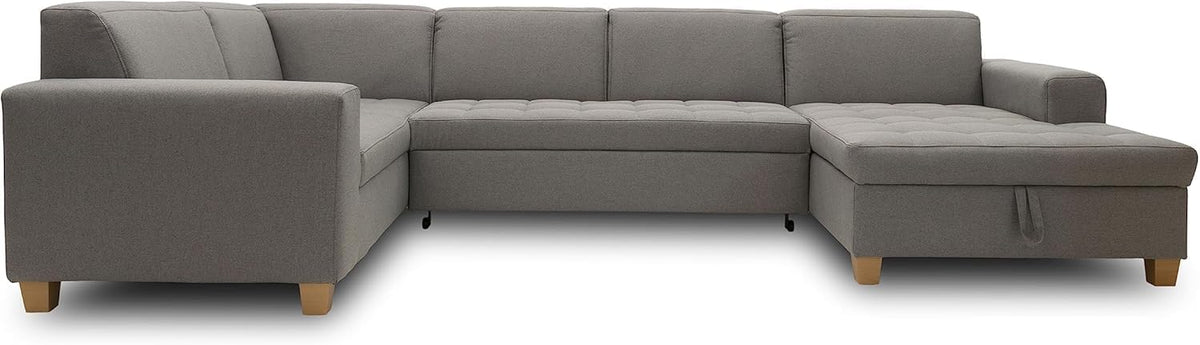DOMO collection Sugar Sofá en U 7 plazas - Función de descanso con diseño moderno y asiento de 59 cm - 333 x 199 x 80 cm - Gris claro con capacidad máxima de 600 kg