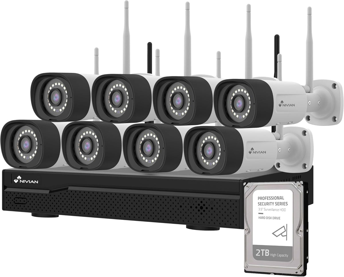 NIVIAN kit profesional de videovigilancia WiFi - Ocho cámaras IP SuperHD de 3 MP - Grabador de 16 canales con disco de 2 TB - Detección humana IA y audio bidireccional
