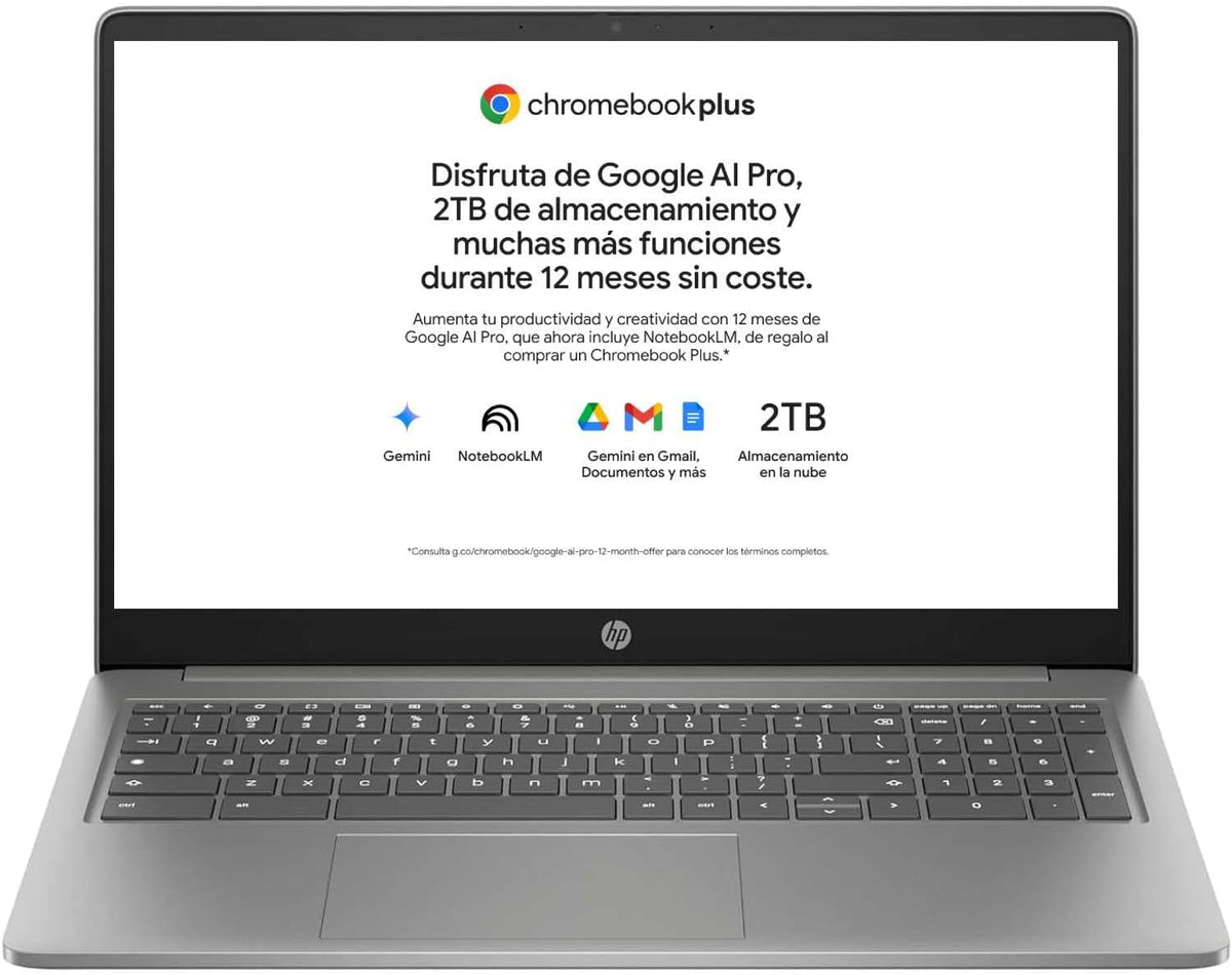 HP Chromebook Plus 15a nb0005ns Portátil 15,6 pulgadas - Intel Core i3 N305 con 8 GB RAM y 256 GB - Pantalla Full HD antirreflejos - ChromeOS QWERTY español con Google AI Pro durante 1 año