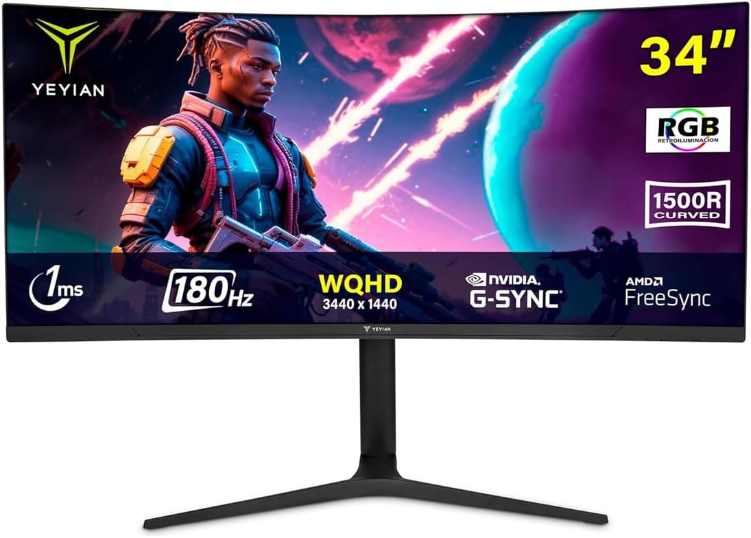 YEYIAN Proact FV234 monitor gaming curvo - Pantalla WQHD de 34 pulgadas y 180 Hz - Panel VA con respuesta de 1 ms y color NTSC de 92 por ciento - FreeSync G Sync HDMI y DisplayPort