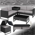 TecTake Conjunto de jardín de ratán - 2 sofás mesa de cristal y caja de almacenamiento con estructura de acero - Cojines gruesos para exterior - Negro moderno resistente a la intemperie