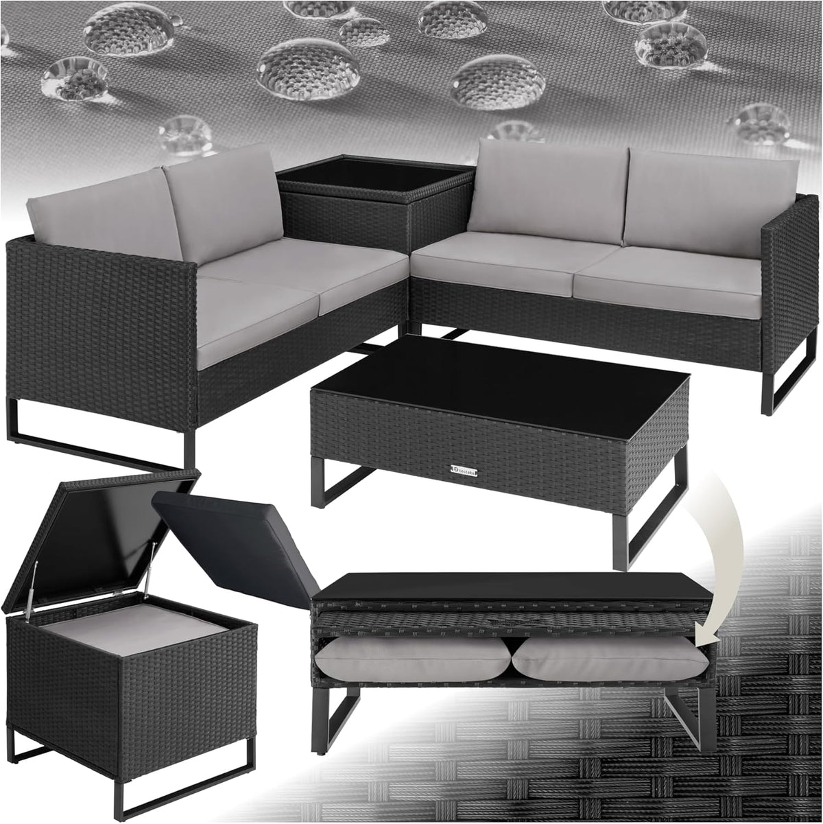 TecTake Conjunto de jardín de ratán - 2 sofás mesa de cristal y caja de almacenamiento con estructura de acero - Cojines gruesos para exterior - Negro moderno resistente a la intemperie
