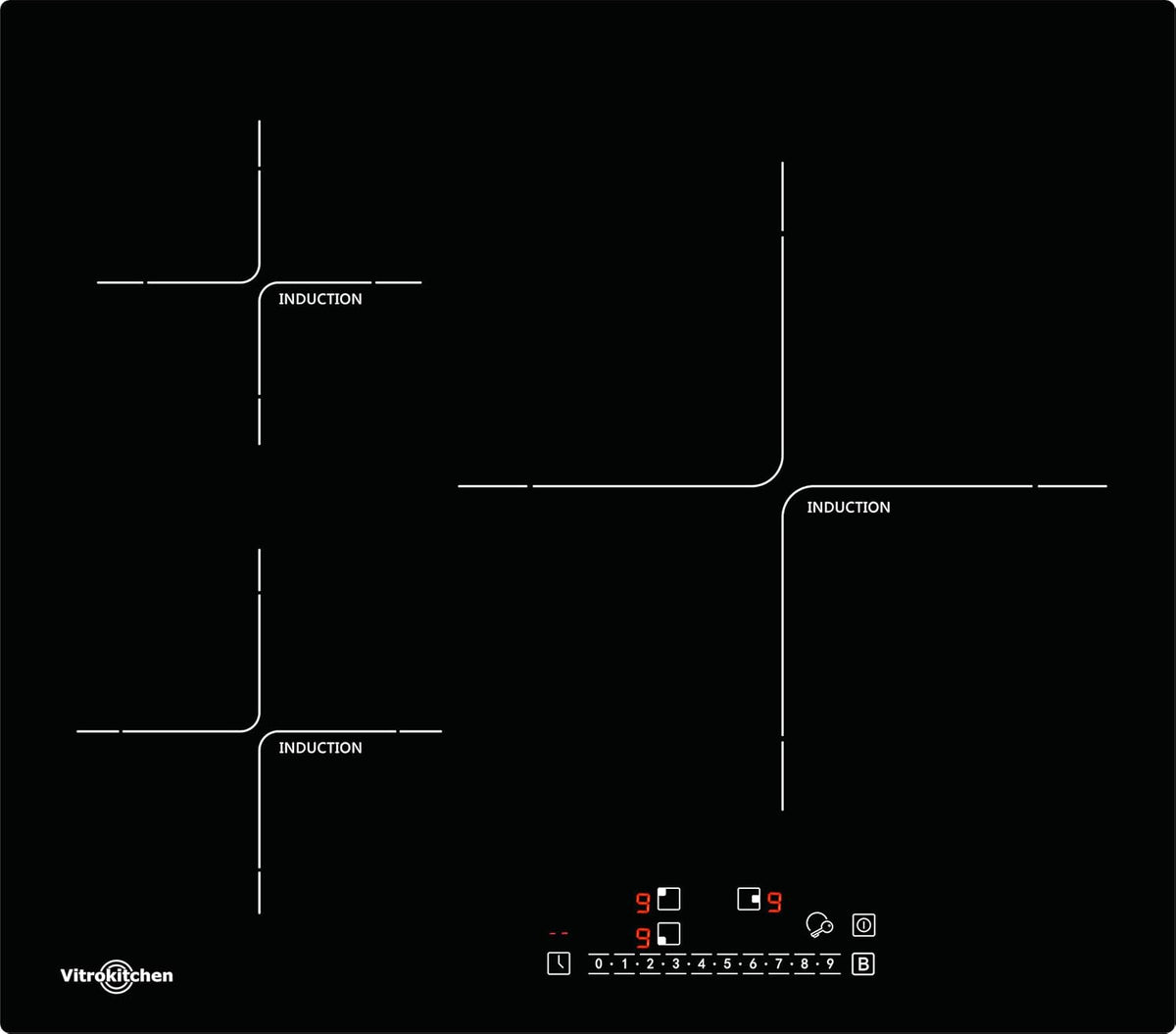 Placa de inducción Vitrokitchen IND630N - 3 zonas con área extra grande de 32 cm - 9 niveles de potencia - control táctil bloqueo infantil y calor residual