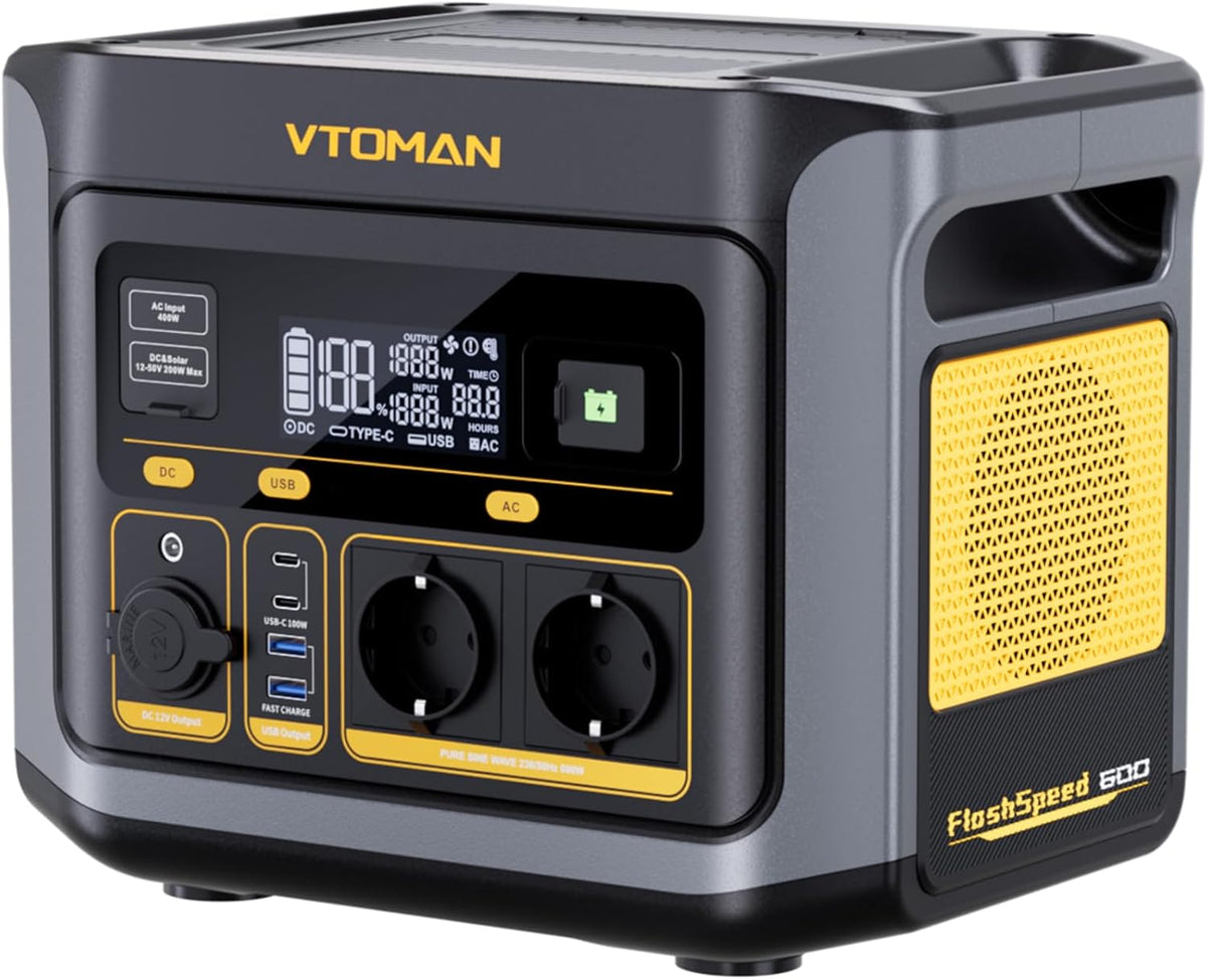 VTOMAN FlashSpeed 600 estación de energía portátil - LiFePO4 de 499 Wh y salida de 600 W con pico de 1200 W - Carga al 80 por ciento en 1 h - Capacidad ampliable para camping y viajes