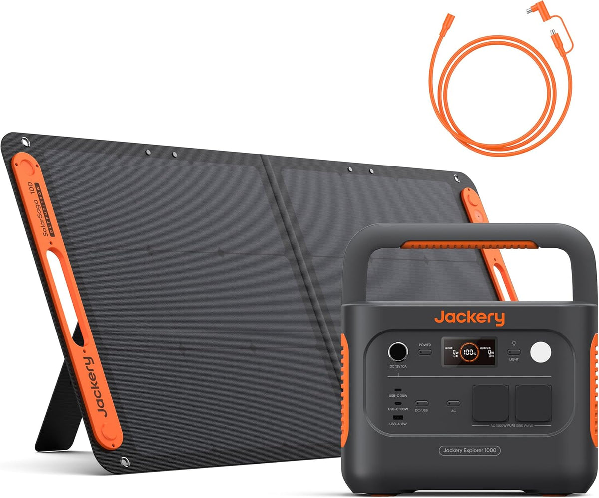 Jackery E1000 v2 Generador solar - Batería LFP de 1070 Wh y salida de 1500 W con carga rápida en 1 h - Panel solar de 100 W y cable de 5 m - 7 puertos para camping y apagones