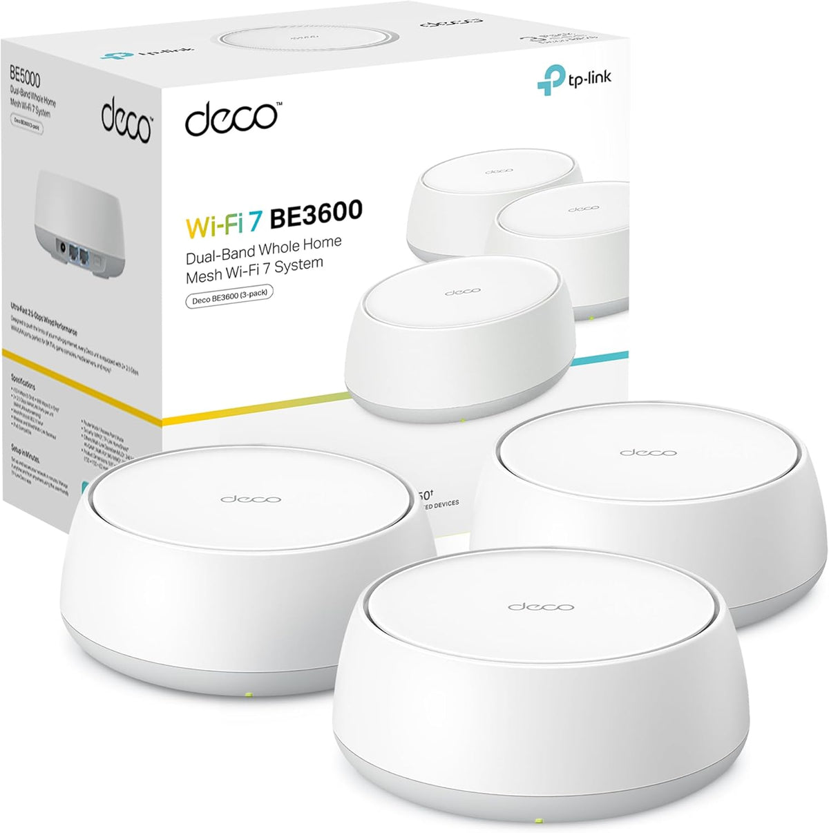 Sistema WiFi Mesh TP Link Deco BE3600 - paquete de 3 unidades WiFi 7 hasta 3,6 Gbps - doble banda y 2 puertos de 2,5 Gbps - MLO backhaul híbrido y HomeShield