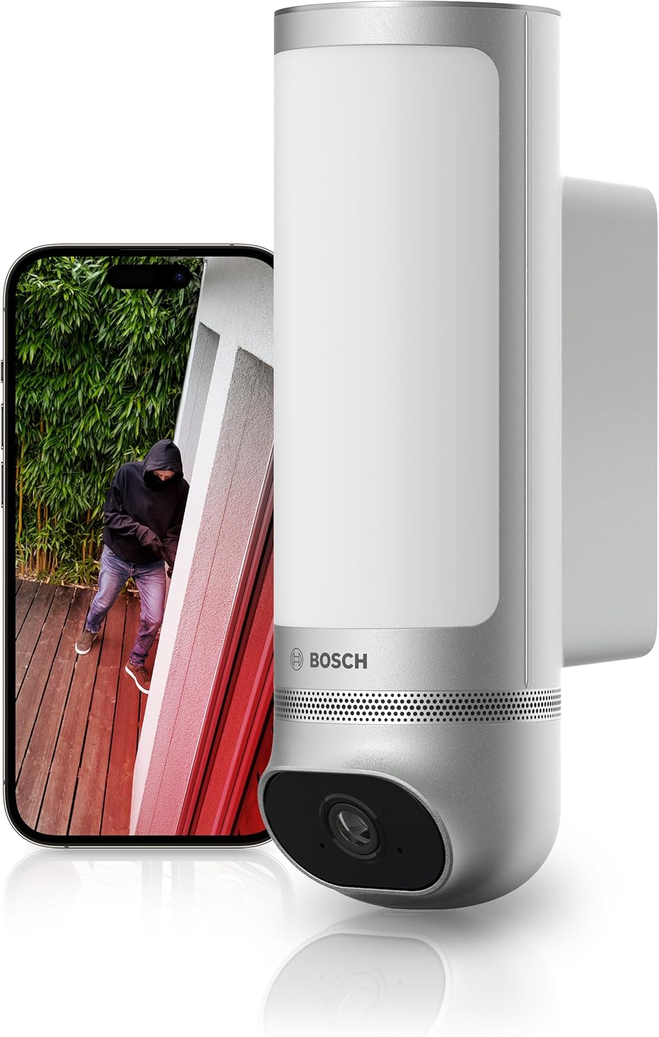 Cámara exterior Bosch Smart Home II - resolución Full HD 1080p y conexión WiFi - sirena integrada y lámpara de diseño - visión nocturna control móvil y Amazon Alexa