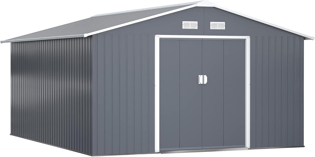 Outsunny caseta de jardín exterior 12,4 m2 - Acero gris oscuro de 340 x 386 x 200 cm - Techo de fibra de vidrio y ventanas - Puerta corredera con base reforzada