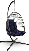 SereneLife - Silla huevo colgante 106 x 100 x 190 cm - Mimbre ratán y estructura de acero inoxidable - Plegable con cojines azul profundo
