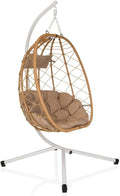 COCOVA Sillón colgante con estructura - Hierro blanco beige y asiento de tela - 98 x 64 x 188 cm - Silla con cojín para jardín balcón patio salón y exterior