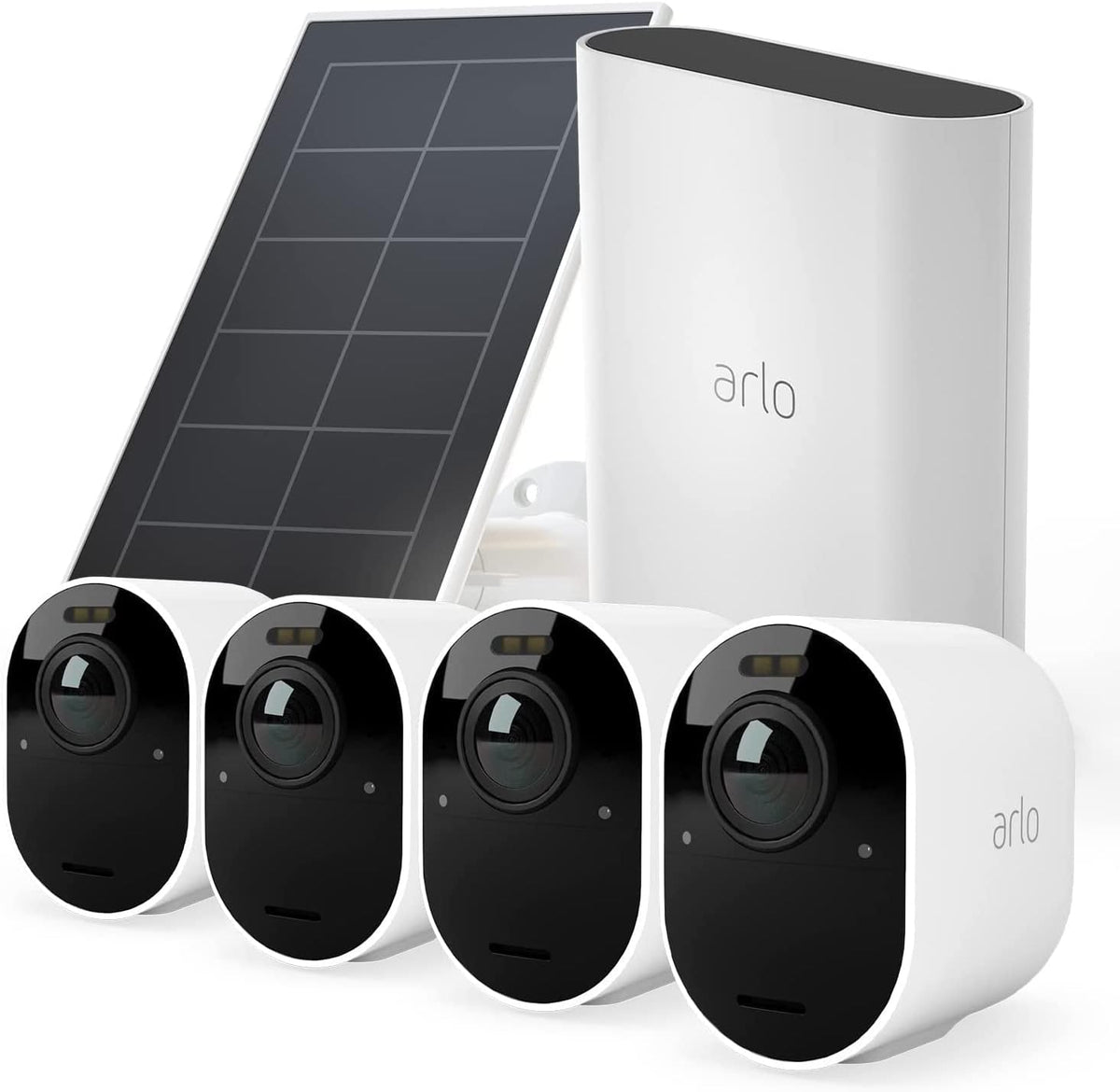 Arlo Ultra 2 kit de 4 cámaras WiFi - Vídeo 4K HDR y visión nocturna en color - SmartHub panel solar faro y alarma - Detección de movimiento con Alexa